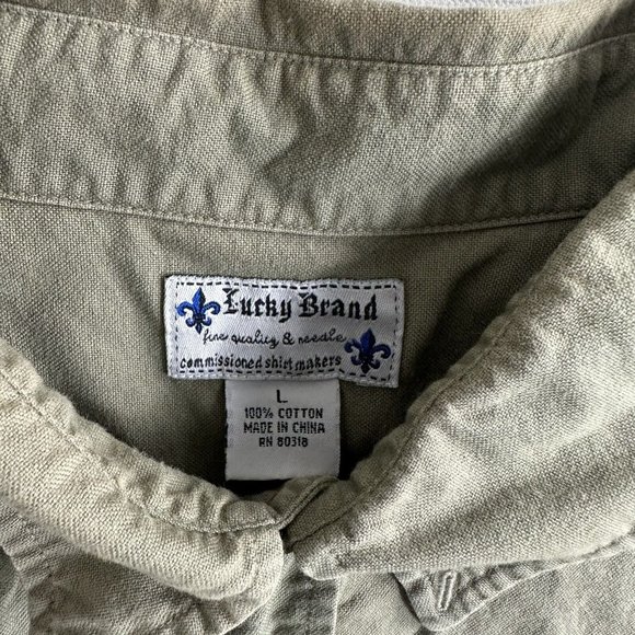Lucky Brand Mens Army Green Button Down Shirt Size Large Short Sleeve Casual - Picture 6 of 9
